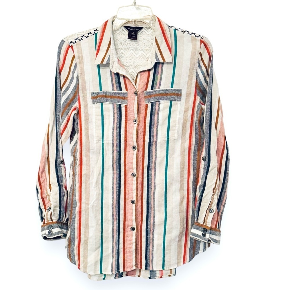 Multiples Size M Roll-Tab Multicolor Stripe Long Sleeve Back Yoke Lace Shirt